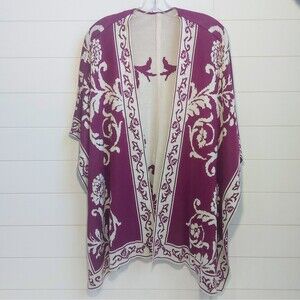 Floral Knit Ruana Wrap Unbranded Women's Poncho Purple White Reversible Cozy